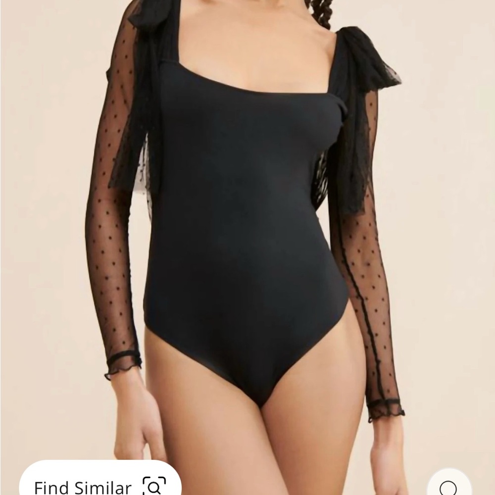 Free People Tongue Tied Lace mesh Tie Shoulder Cute Bodysuit M in black